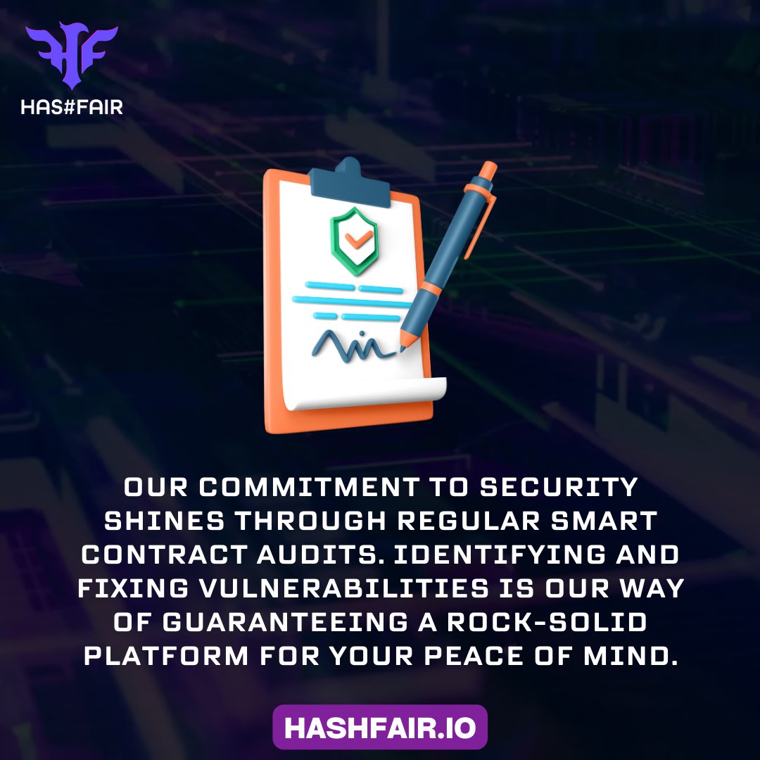 Hashfair_Games's tweet photo. We're Vigilant! Regular smart contract audits fortify HashFair's integrity, ensuring top-notch security for our users. ππ‘
#HashFair #BlockchainSecurity #HashFairDAO #Innovation #polygongaming #HFG #Polygon #SmartContracts #ProfitDistribution #polygonchain #CryptoGaming #FairnessUnleashed #FairGames #GamingRevolution #HashFairGaming #SmartContractAudits