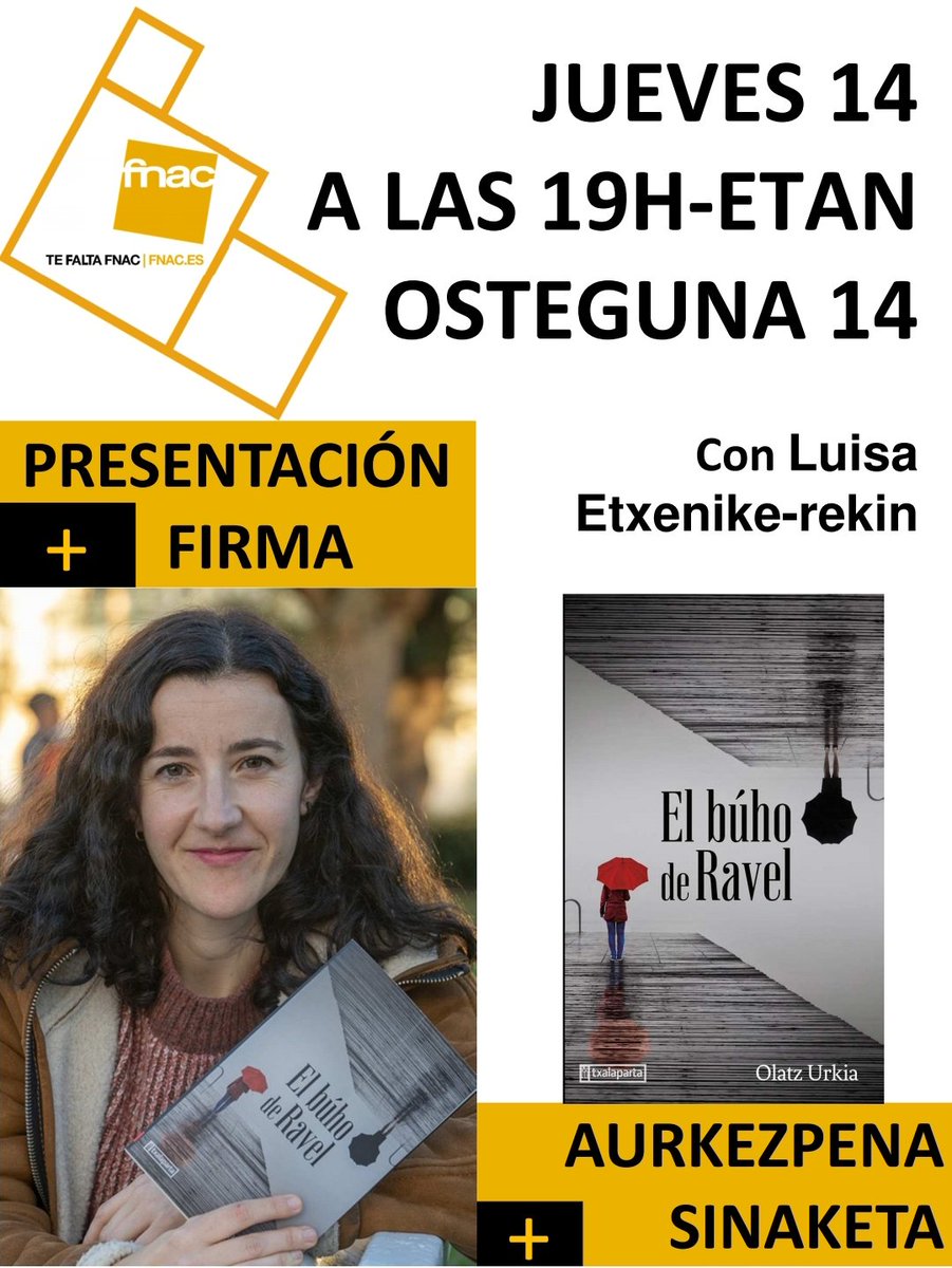 Este jueves 14 de septiembre, a las 19:00 h., acompañaré a Olatz Urkia en la presentación de su novela "El búho de Ravel". <a href="/OlatzUrkia/">Olatz Urkia</a>