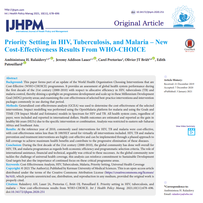 IJHPM's tweet photo. Priority Setting in #HIV, #Tuberculosis, and #Malaria – New Cost-Effectiveness Results From WHO-CHOICE
https://t.co/7ODbOh1EWZ
https://t.co/V1Bp79wCrF
#CostEffectivenessAnalysis #PrioritySetting #UniversalHealthCoverage #IJHPM #WHO #WHOCHOICE
@lauerjeremy https://t.co/j8cYuIMbB3