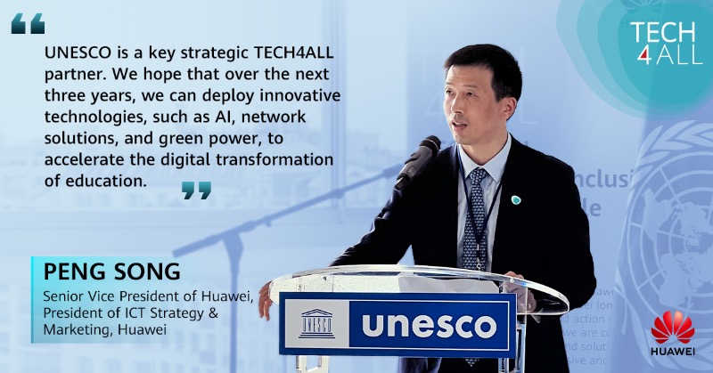 HUAWEI_TECH4ALL's tweet photo. #Huawei’s Peng Song advocated leveraging innovative tech to accelerate the digitalization of education during the 2023 @UNESCO #DigitalLearningWeek. Learn more about our #TeOSS project with UNESCO: https://t.co/7V4FmWYPW1 #TECH4ALL #Tech4Education