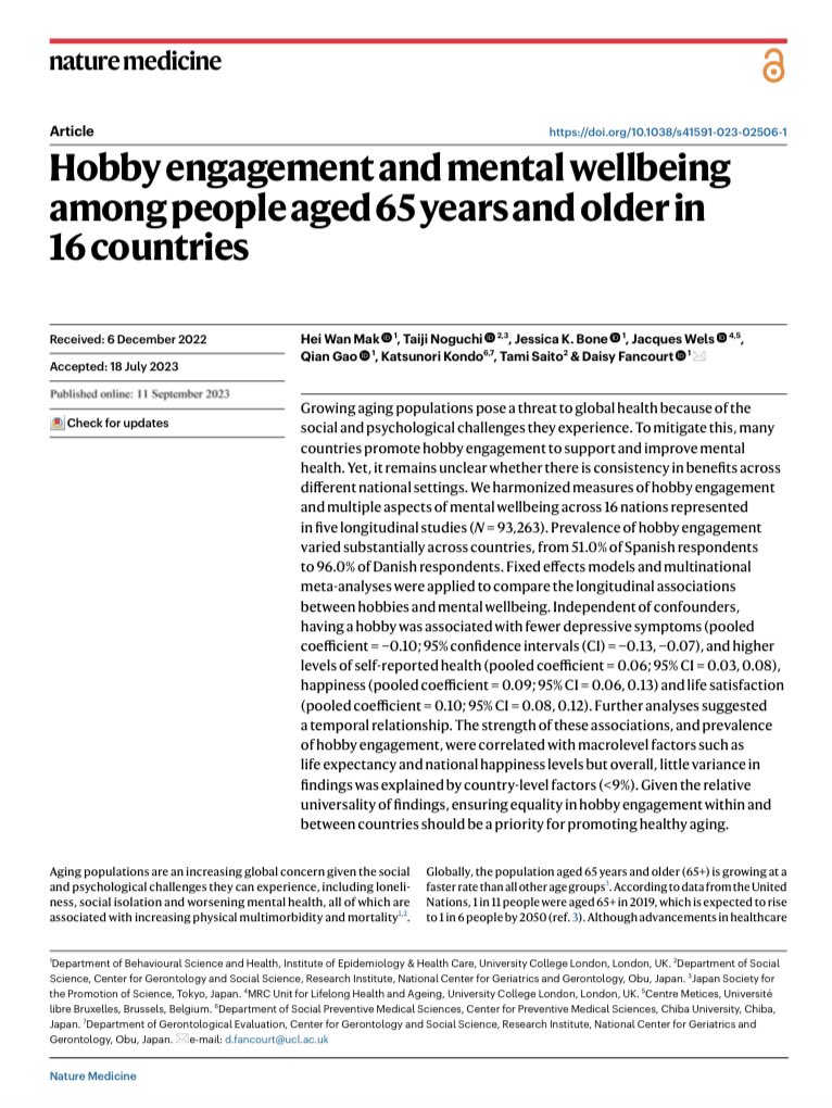 gorka_orive's tweet photo. Un interesante estudio en personas de más de 65 años indica que tener un hobby se asocia con menos síntomas de depresión, mayor percepción de salud, satisfacción y felicidad. Incluso una mayor correlación con factors como la expectativa de vida. 
https://t.co/beV1YwQSeY https://t.co/P08gZ7HQig