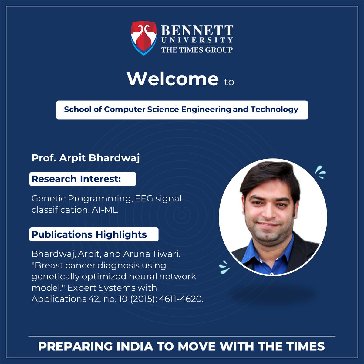 SCSETBennett's tweet photo. Welcome, Prof. Arpit Bhardwaj, to the #scsetbennett team. He has joined us as a Professor and completed his Ph.D. Thesis from IIT INDORE, India. Prof. Bhardwaj has authored more than 50 publications, including papers in prestigious journals/conferences.
#bennettuniversity https://t.co/xD9WWOyEFy