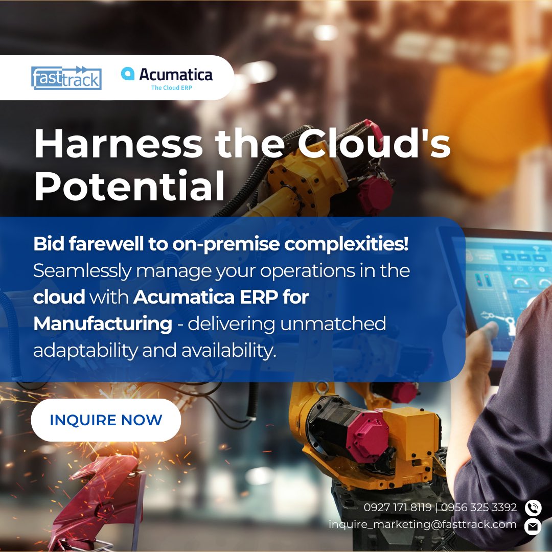 Fasttrack_PH's tweet photo. Say goodbye to on-premise hassles and hello to unparalleled flexibility and reliability. Seamlessly access critical data anytime, anywhere. 🚀
#CloudRevolution #Acumatica #ManufacturingSystem https://t.co/k0OavDA3TK