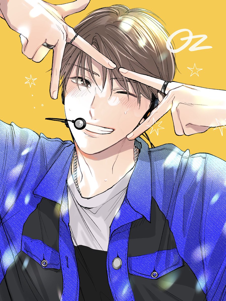 1boy male focus brown hair one eye closed smile jewelry ring  illustration images