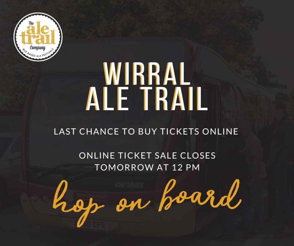 🚨 Online Tickets 🚨

This is your last chance to buy your tickets online.

You have until tomorrow @ 12pm to buy your tickets online, after that, you can only get them at participating venues.

GO, GO GO! 👉 realaletrail.co.uk/product/wirral…