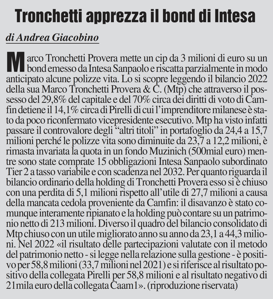 andreagiacobin1's tweet image. #Tronchetti apprezza il bond di #Intesa. Su MF 12/09/23. #camfin @Pirelli @intesasanpaolo