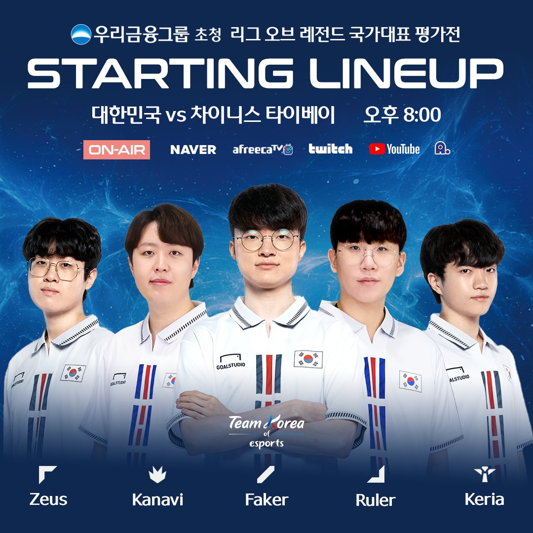 kespa's tweet photo. 🚩우리금융그룹 초청 LoL 국가대표 평가전
vs 차이니스 타이베이 09.12(화) 오후 8:00

👊Starting Lineup
대한민국(Blue) : Zeus / Kanavi / Faker / Ruler / Keria
차이니스 타이베이(Red) : Hanabi / Karsa / FoFo / Doggo / SwordArt

#항저우AG #팀코리아오브이스포츠 #최고_그_이상의_투지 https://t.co/8KOORG3wPL