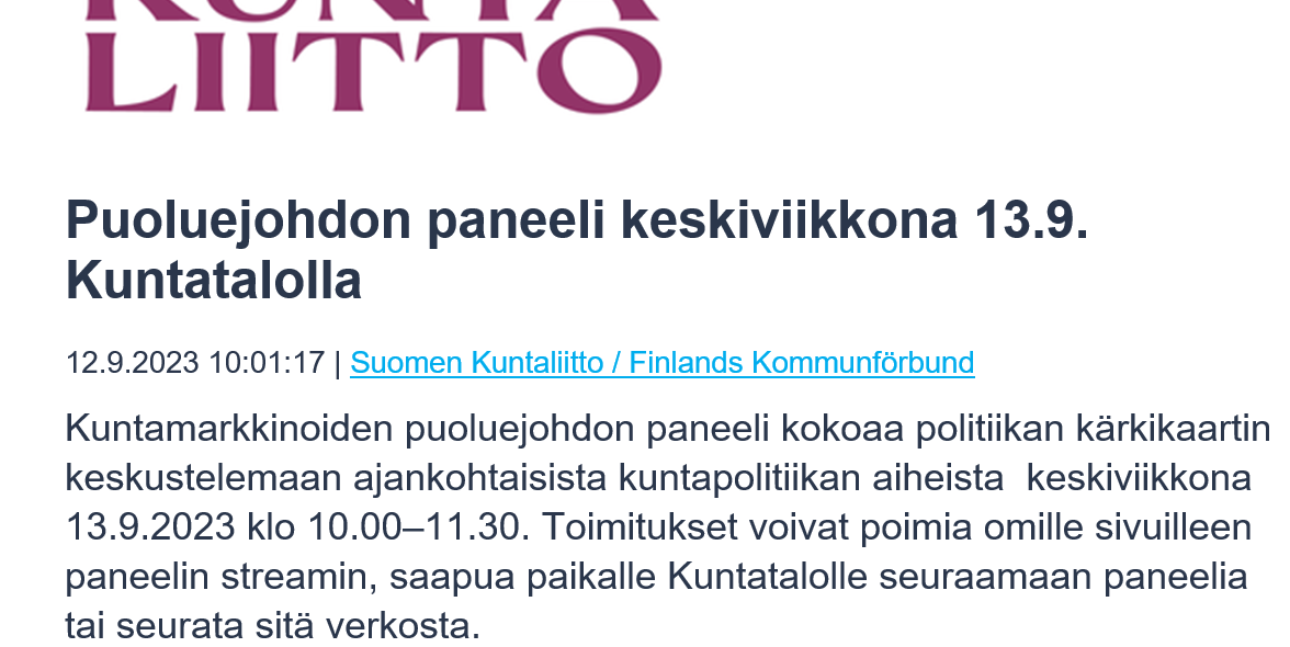 MinnaPunakallio's tweet photo. Huomenna klo 10-11.30: #puolueet #paneeli #politiikka #kunnat
Mukaan pääsee @Kuntaliitto nettisivuille avautuvan linkin kautta. https://t.co/yvk5rVKyAM