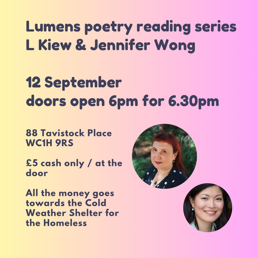 Looking forward to reading with @NineArchesPress poet @l_kiew at Lumens series (88 Tavistock Pl, Kings Cross/Russell’s Sq) hosted by Ruth O’Callaghan this evening. Join us! Event proceeds to support cold weather shelter for the homeless🌻 #ESEAHM23