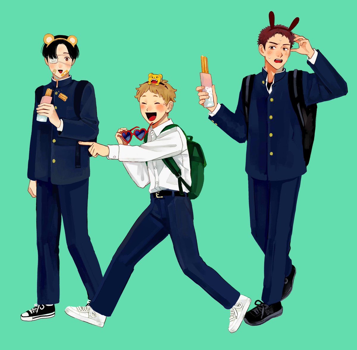 3boys male focus backpack multiple boys bag school uniform animal ears  illustration images