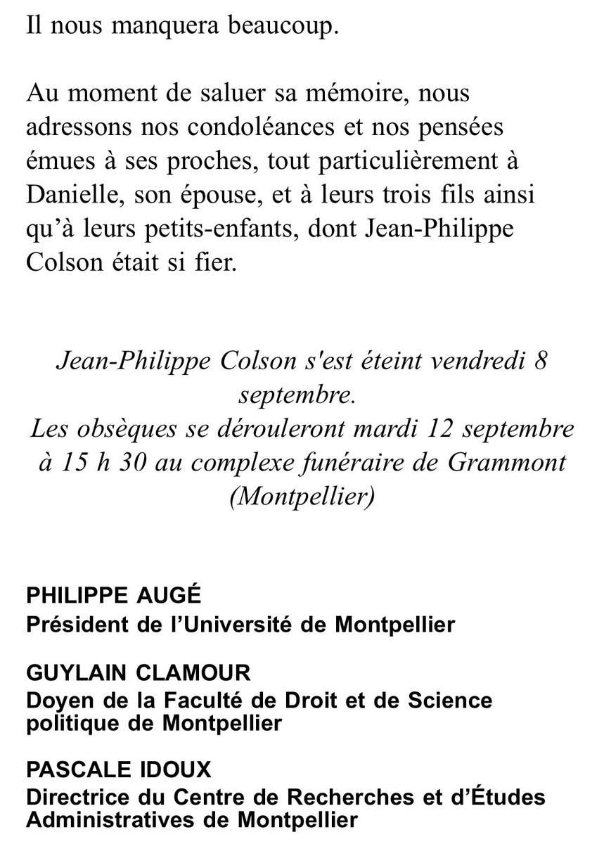 In memoriam Jean-Philippe COLSON (1942-2023), professeur émérite de l'Université de Montpellier, officier dans l'ordre des Palmes académiques.

Notre reconnaissance va à ses collègues de la Faculté de droit et de science politique pour leur témoignage.

<a href="/CREAM_UMontpell/">CREAM</a>