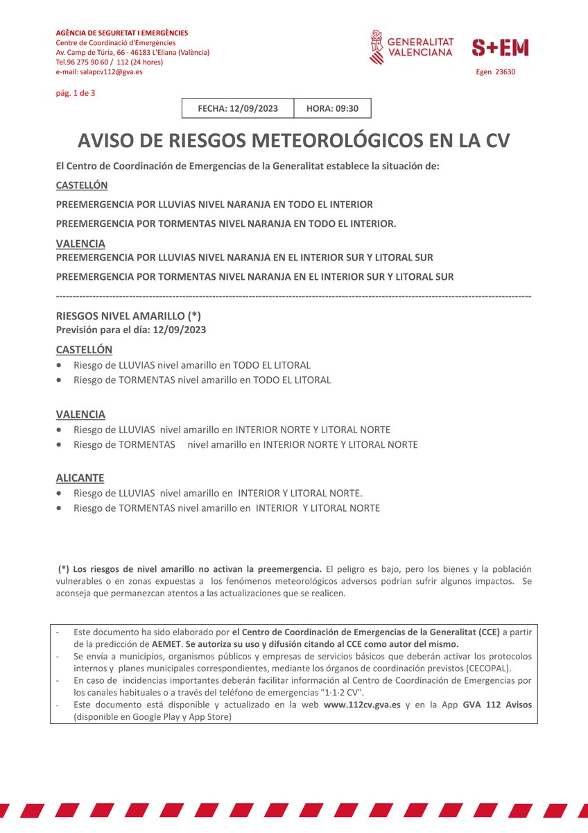 (09:30h.) ⚠️El Centro de Coordinación de Emergencias establece situación de:

🟠Preemergencia por lluvias y tormentas nivel naranja en el interior de Castellón y litoral sud e interior sud de València.

Más información:👇