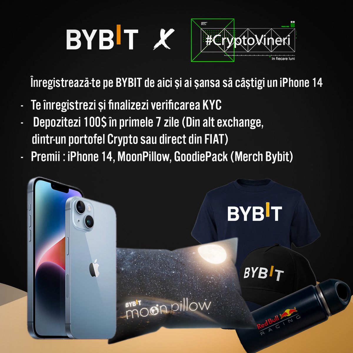 Cum poți să câștigi un iPhone 14? 📱

Super simplu.
-Te înregistrezi folosind link-ul acesta : partner.bybit.com/b/cryptovineri
-Faci KYC și depui echivalentul a 100$ (Crypto sau FIAT)
-Activezi chakrele de noroc 🍀

🎁Like + retweet acestei postări te califică pentru un premiu de 500.000