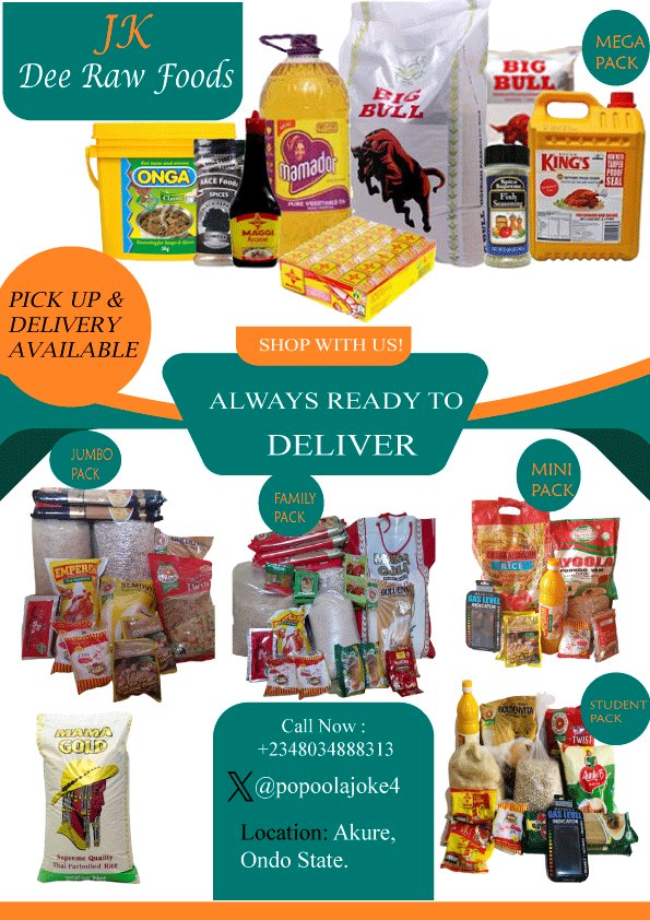 PopoolaJoke4's tweet image. Beautiful morning to you XHeart ❤️ JK Dee Raw foods is here to give you the best, I sell foodstuffs package at affordable price from 10k upward
 
Your Repost, Patronage and Referral will be highly appreciated 🙏

Location: Akure, Ondo State.