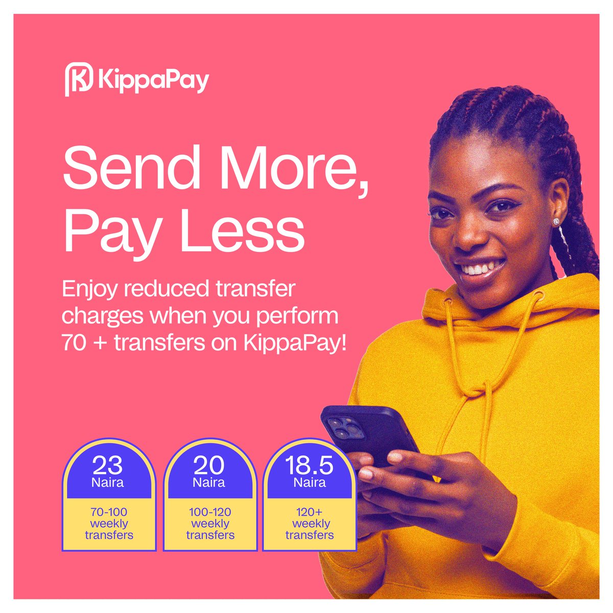 The more you transfer, the lower your charges. Depending on your transaction volume, you can transfer money to other banks for as low as 18.5 Naira. Don't miss out on this great offer. Start transferring now!