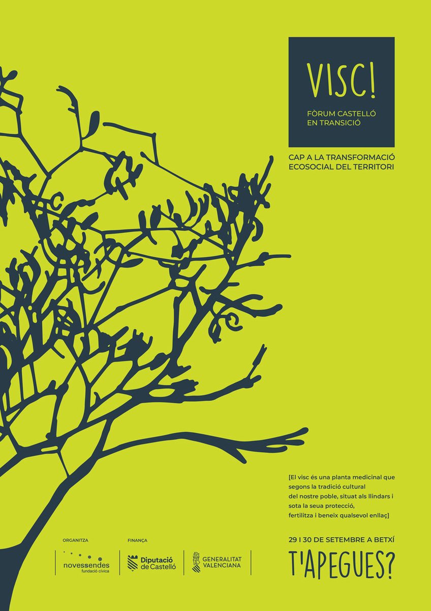 "VISC! Fòrum Castelló en Transició".
Agents i entitats que treballen per a afavorir la sostenibilitat social, ambiental i econòmica del territori
📷 L'Àgora de Betxí
📷VISC! 29 i 30 de setembre
📷formulari d’inscripció  novessendes.org/formulari/
samarucdigital.com/article/la-tra…