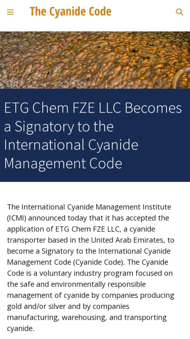zurl.co/FAIy ETG Chem FZE LLC and it's subsidiaries is proud to announce that it is now a signatory to the International Cyanide Management Code. <a href="/Cyanide_Code/">Cyanide Code</a> #safetyfirst #TheChemicalPeople #BiggerBetterStronger #Mining
