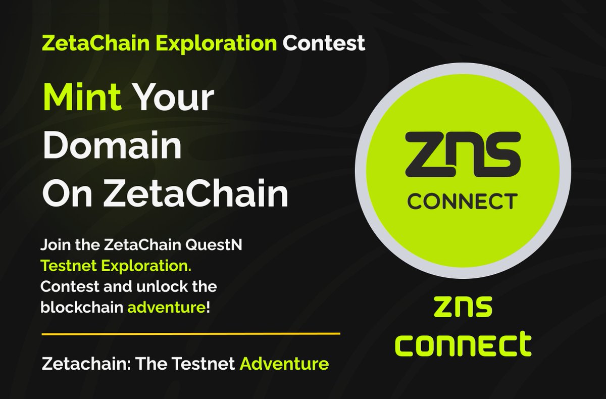 ZNSConnect's tweet photo. 🚀 Dive into the Zetachain Testnet with ZNS Connect! 

Mint domain names and explore our ecosystem - https://t.co/W6g87tIRy2

📌 Contest Tasks:
1. Follow @ZNSConnect 
2. Mint your domain: https://t.co/tJ2k9Nhyqx

🌐 Explore the Ecosystem:
Discover apps on @zetachain  and join our growing ecosystem. 
Interested in creating your app on ZetaChain? 

Get ready for a blockchain adventure and win fantastic rewards. Don't miss out with @QuestN_com !

#ZetachainTestnet #Blockchain #Contest 🌟"