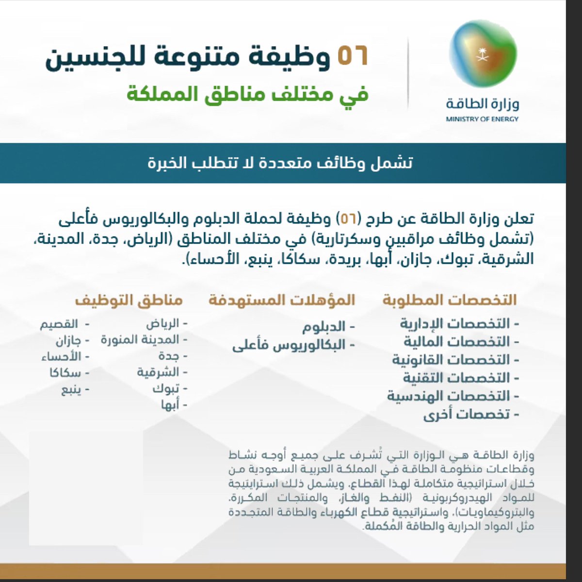 jobs_km's tweet photo. وظائف نسائية شاغرة 
ب الرياض، جدة، المدينة المنورة، الشرقية، تبوك، جازان، أبها، بريدة، سكاكا، ينبع، الأحساء
وزارة الطاقة تعلن طرح 56 وظيفة لحملة الدبلوم والبكالوريوس في عدة مناطق
👇🏻✅ للتقديم :
https://t.co/l7pDoZaynI https://t.co/YSiyGa9UAD