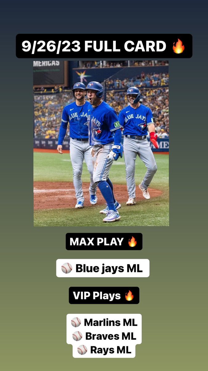 sidelineactionn's tweet photo. 9/26/23 FREE FULL CARD 🔥 
Love tonight’s MLB slate tonight let’s stay hot💰🤑 https://t.co/G1KBwYZ4zt