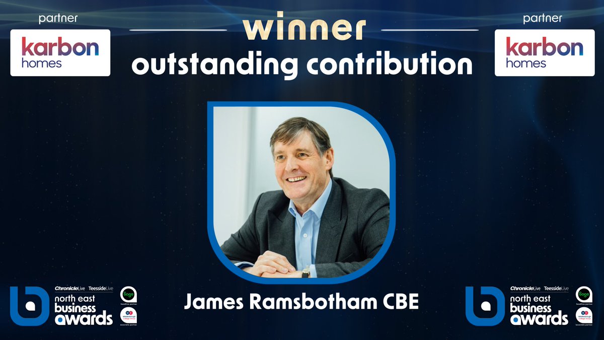 Our final award is the Outstanding Contribution Award, in partnership with @KarbonHomes. Going to a very worthy winner, the inspiring James Ramsbotham CBE is taking home the title - congratulations @JamesRamsbotham! #ad #NEBizAwards