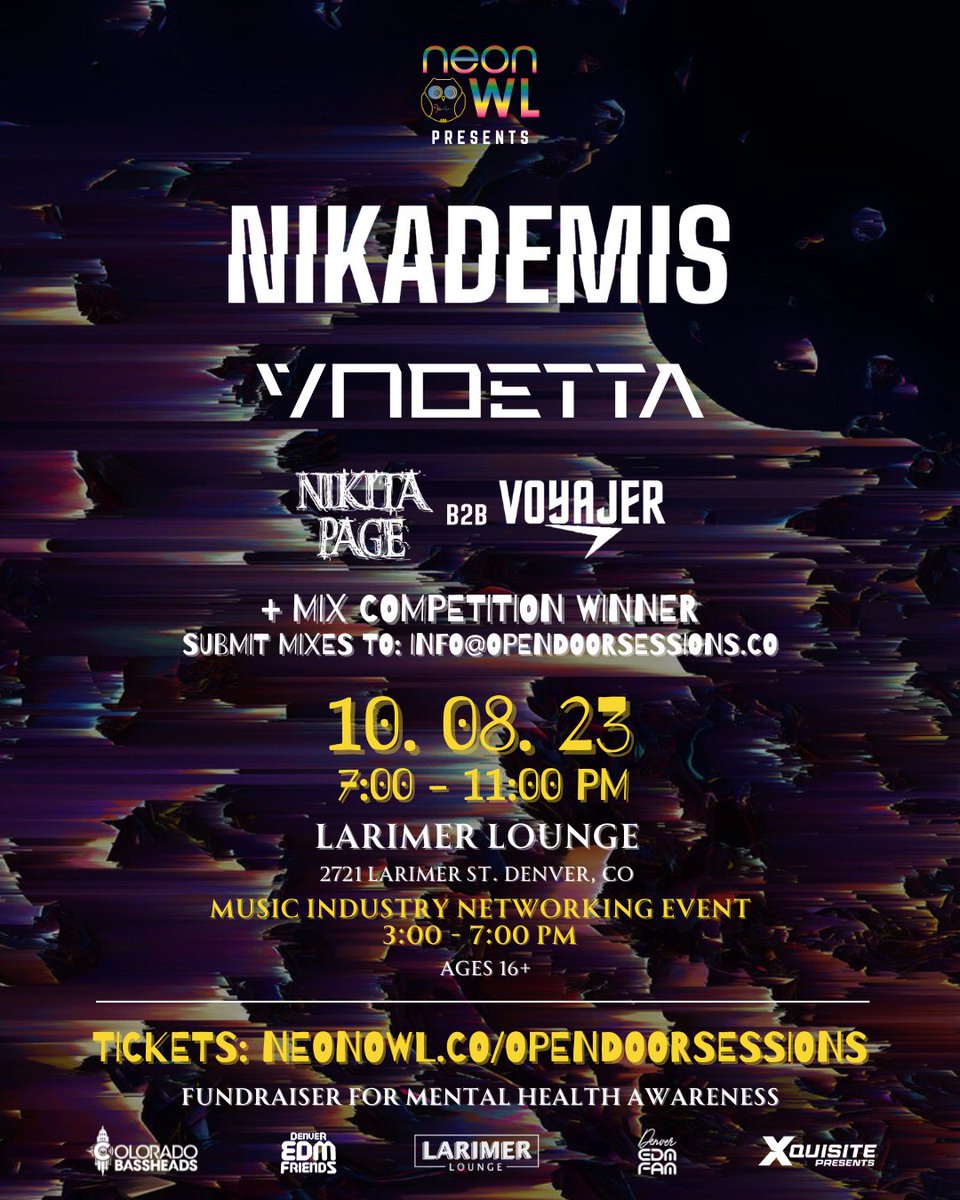 Neon Owl (@neonowlco) on Twitter photo DENVER! Come join us for an industry mixer, mental health talk, demo listening party + show after at <a href="/larimerlounge/">Larimer Lounge</a>! Joined by our friends @DROELOEMUSIC <a href="/JaengaMusic/">Jaenga</a> <a href="/nikademismusic/">Nikademis</a> <a href="/vndettamusic/">V N D E T T Λ</a> + more! Taking demos and mix submissions, info at: neonowl.co/opendoorsessio… DENVER! Come join us for an industry mixer, mental health talk, demo listening party + show after at <a href="/larimerlounge/">Larimer Lounge</a>! Joined by our friends @DROELOEMUSIC <a href="/JaengaMusic/">Jaenga</a> <a href="/nikademismusic/">Nikademis</a> <a href="/vndettamusic/">V N D E T T Λ</a> + more! Taking demos and mix submissions, info at: neonowl.co/opendoorsessio…