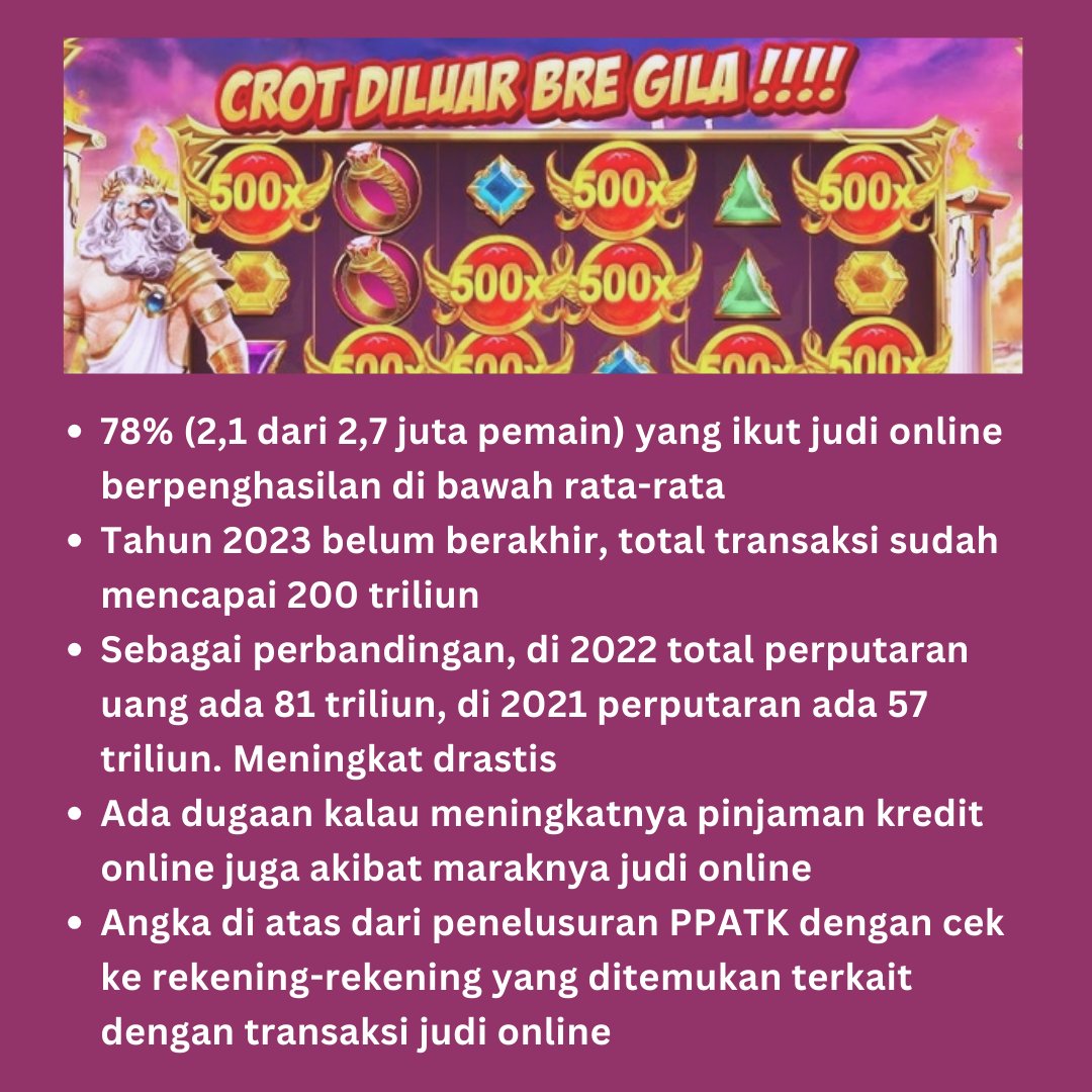 Tidak hanya soal perputaran uang 200 triliun yang mengkhawatirkan (dan ini untuk tahun 2023 saja). Ternyata banyak fakta lain yang gue rangkum soal bisnis ilegal ini. 

Menurut penelusuran PPATK, diperkirakan 78% pemainnya memiliki penghasilan di bawah rata-rata. Hal ini dilihat