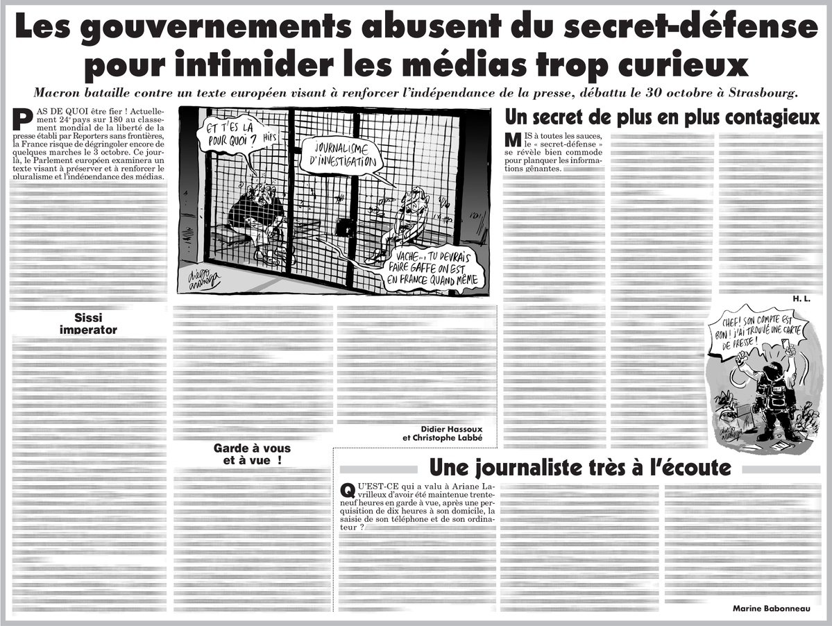 Depuis que Macron trône à l'Elysée, une dizaine de journalistes se sont fait cueillir à l'heure du laitier par la Direction générale de la sécurité intérieure pour "compromission du secret de la sécurité nationale"…

✏️ Diego Aranega
➡️ À lire sur lecanardenchaine.fr
