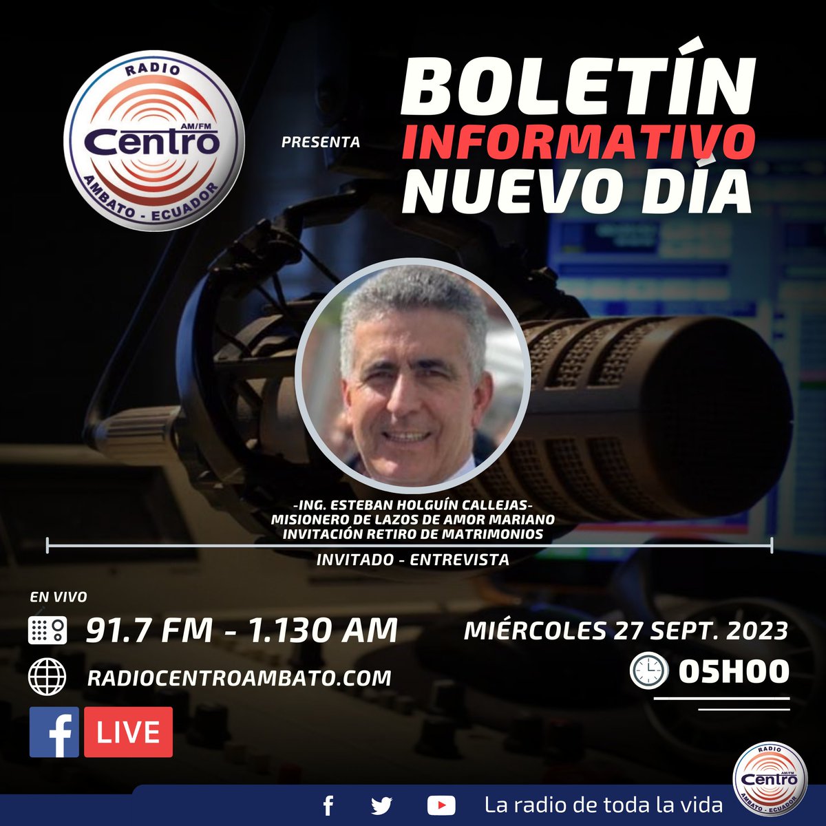 💥 Compartimos con ustedes la agenda del noticiero Boletín Informativo Nuevo Día de este miércoles 27 de septiembre de 2023.

Los invitamos a seguir las noticias y entrevistas por Radio Centro 91.7 FM - 1.130 AM 📻, radiocentroambato.com 🌐 y en Facebook Live desde las 06h00.