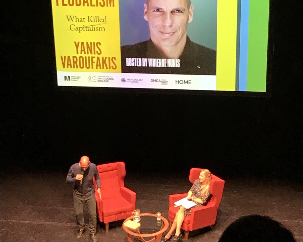 Post 2 re Greek politician Yanis Varoufakis at ⁦@McrLitFest⁩ He is in new DiEM25 movement, still in politics & supporting new groups in Germany & Italy. Says grassroots politics must operate internationally like banks & tech firms. Nations can ‘socialise’ technology. #MLF23