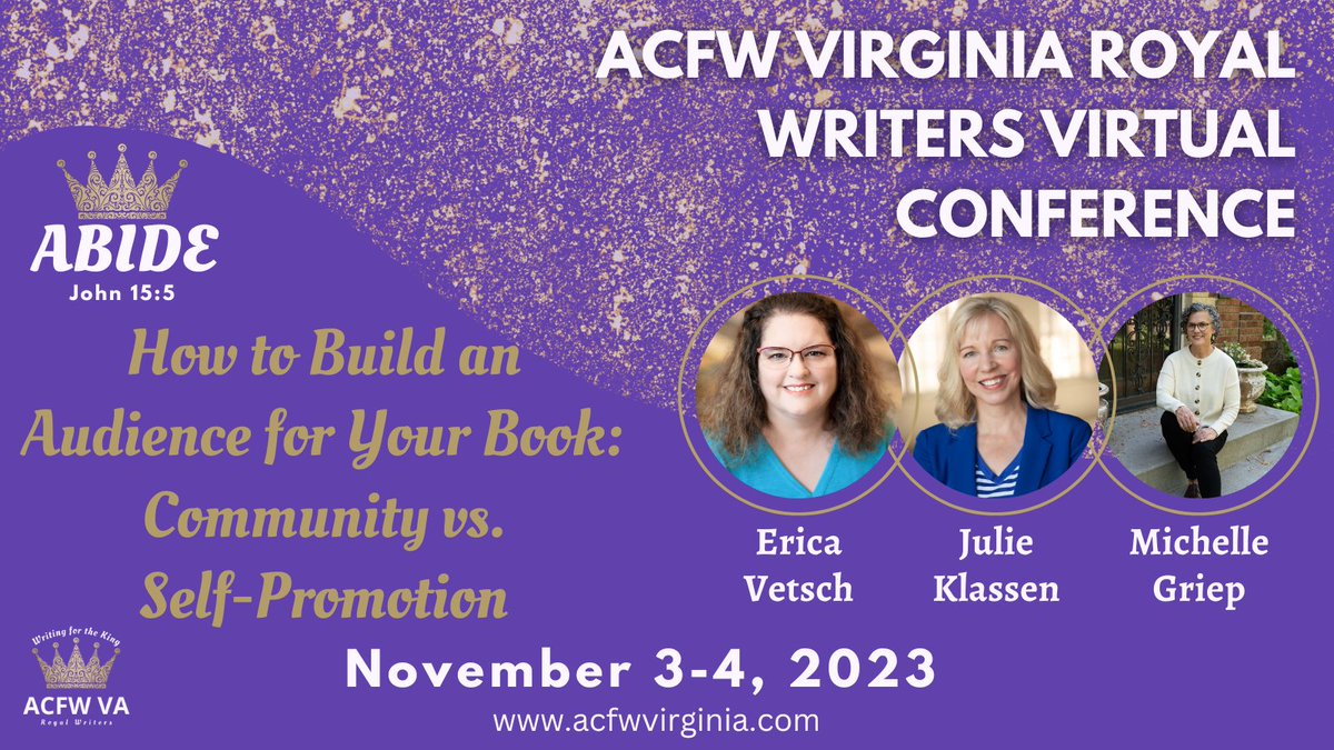ACFW Virginia (@acfwvirginia) on Twitter photo Don't miss this terrific trio at the Royal Writers conference, Erica Vetsch, <a href="/Julie_Klassen/">Julie Klassen</a>, and <a href="/michellegriep/">Michelle Griep</a>, helping you build an audience for your book! Find registration details here: acfwvirginia.com/writers-confer… Don't miss this terrific trio at the Royal Writers conference, Erica Vetsch, <a href="/Julie_Klassen/">Julie Klassen</a>, and <a href="/michellegriep/">Michelle Griep</a>, helping you build an audience for your book! Find registration details here: acfwvirginia.com/writers-confer…
