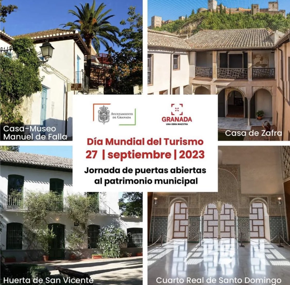 #DíaMundialDelTurismo l 27 de sept l Ayuntamiento de Granada abre de forma gratuita los monumentos del patrimonio municipal cuya visita contempla el pago de una entrada: <a href="/HSVicente/">Huerta de San Vicente</a> la Casa-Museo de Manuel de Falla, la Casa de Zafra y el <a href="/CuartoReal/">Cuarto Real de St. D</a>