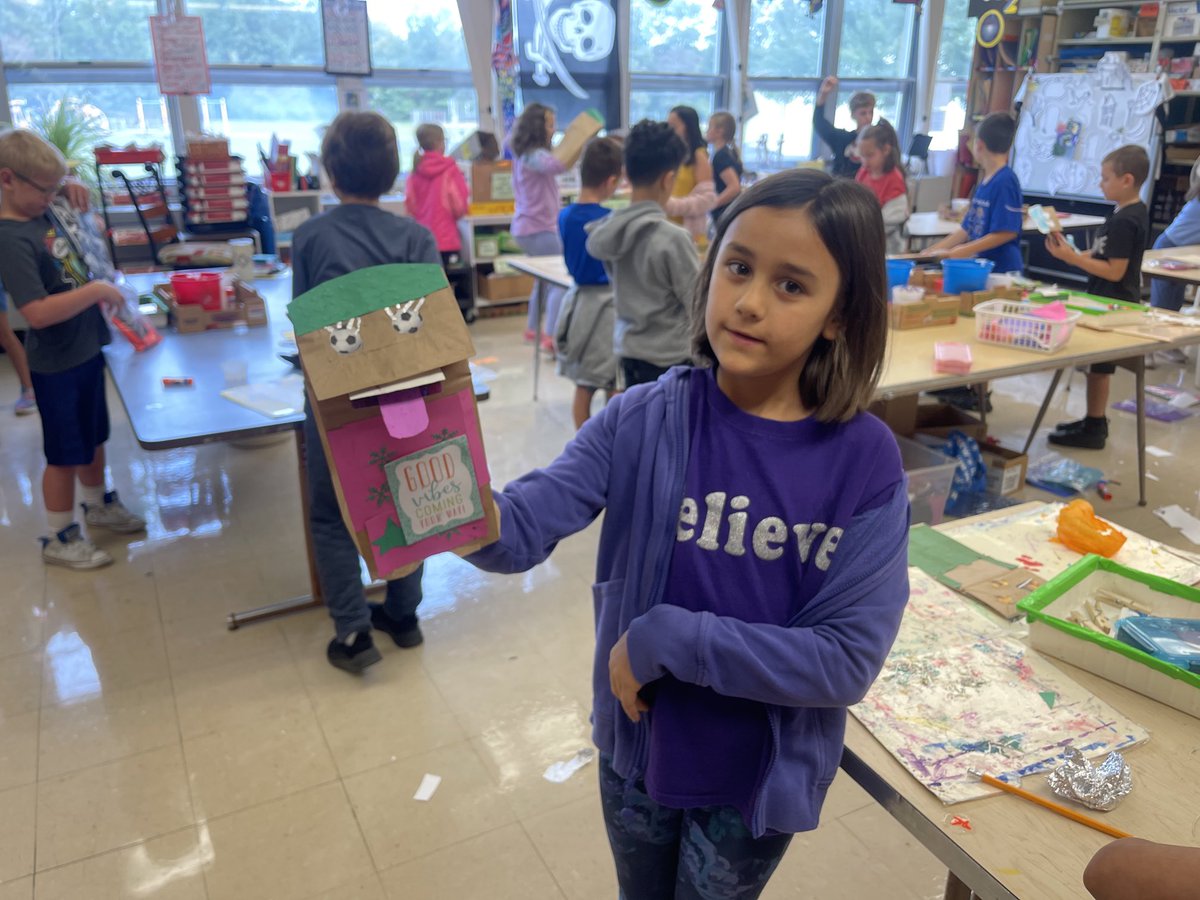 Sometimes we teachers kind of stumble onto things, and then the kids take it to all new all kinds of new levels. New favorite in the art studio: using the collage  center to make hand puppets! I am sensing a language arts connection to creating new characters 😉.