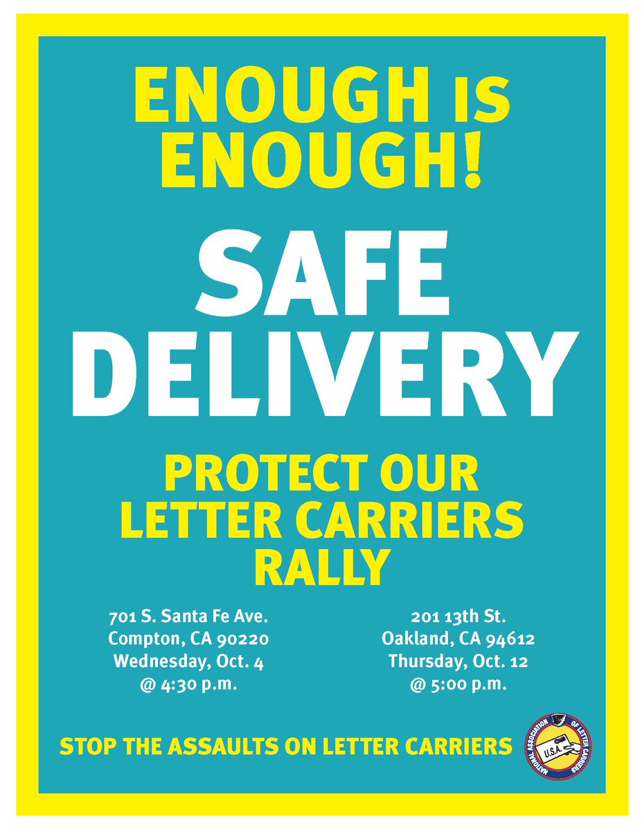 Letter carriers across the country are experiencing violent attacks on the job at an unprecedented rate. This must STOP. Join NALC members in Compton, CA on Oct. 4 &amp;  Oakland CA on Oct. 12 as we demand action NOW from those responsible for protecting our carriers. #EnoughisEnough