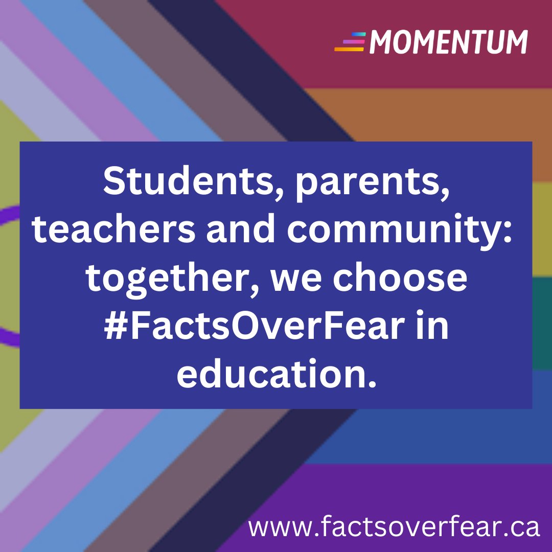 We are proud to support the #FactsOverFear campaign led by @YWCACanada board member Fae Johnstone. We speak out against those who weaponizing fear and misinformation about the queer community. We can choose #FactsOverFear in our children's education: factsoverfear.ca