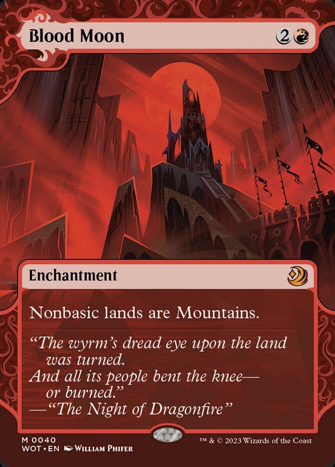 CompleteCMDR's tweet image. Happily burned a mythic wildcard to slot Blood Moon into every one and two-color red Historic Brawl deck I have on Arena, because all those greedy 4-5 color greedy decks deserve to get Mooned as much as possible!
