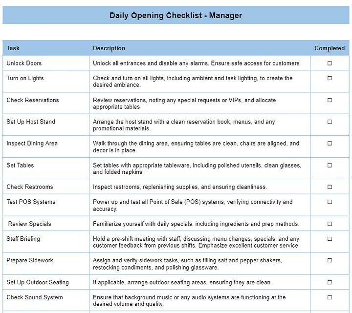 jamesraukete's tweet image. 📋 Start your day right! 

Grab our FREE Daily Pre-Opening Checklist Manager template and master your pre-opening routines. 

Download it here: 

drive.google.com/file/d/1jWGbvN…  

#hospitality #Checklist #FreeTemplate