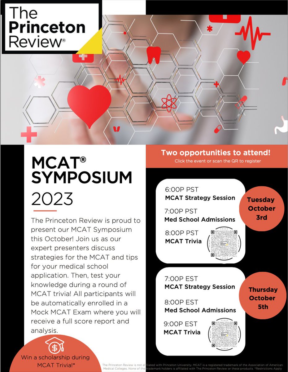 The Princeton Review is hosting an MCAT Symposium on October 3rd and 5th. Each event has an identical lineup. Students can register using the links below. Tuesday, October 3: 9 PM ET princetonreview.com/product/offeri… Thursday, October 5: 7 PM ET princetonreview.com/product/offeri…