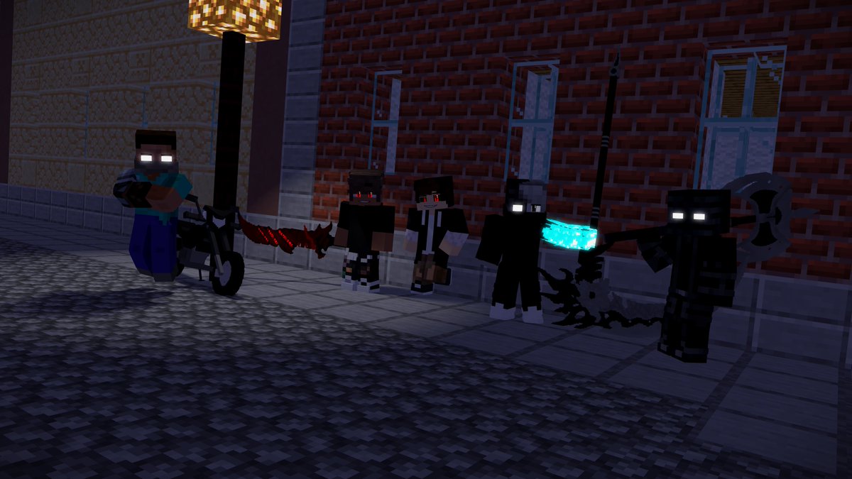 PrinceYoshimura's tweet photo. I think I did a good job we have me of course in the middle Diablo middle left, William middle right, Wither General far right and of course I dont need to name him but I will anyways, Herobrine on the far left hope yall like it #MCscaryeyeschallange https://t.co/b0pXHgKtwK