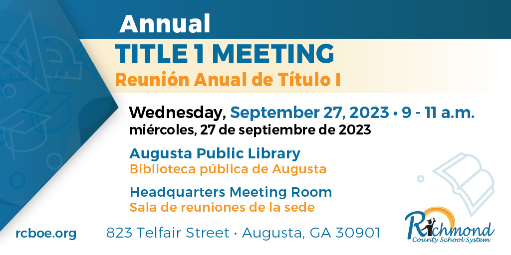 Richmond Co Schools (@rcss_ga) on Twitter photo We are hosting our annual Title 1 meeting today at the Augusta Public Library (<a href="/AugustaGALib/">Augusta-Richmond County Public Library System</a>), 823 Telfair St., Augusta, 30901, from 9 – 11 a.m.
Parents and guardians can join us to learn more about Title 1 grants, special education, testing, student services, and more. We are hosting our annual Title 1 meeting today at the Augusta Public Library (<a href="/AugustaGALib/">Augusta-Richmond County Public Library System</a>), 823 Telfair St., Augusta, 30901, from 9 – 11 a.m.
Parents and guardians can join us to learn more about Title 1 grants, special education, testing, student services, and more.