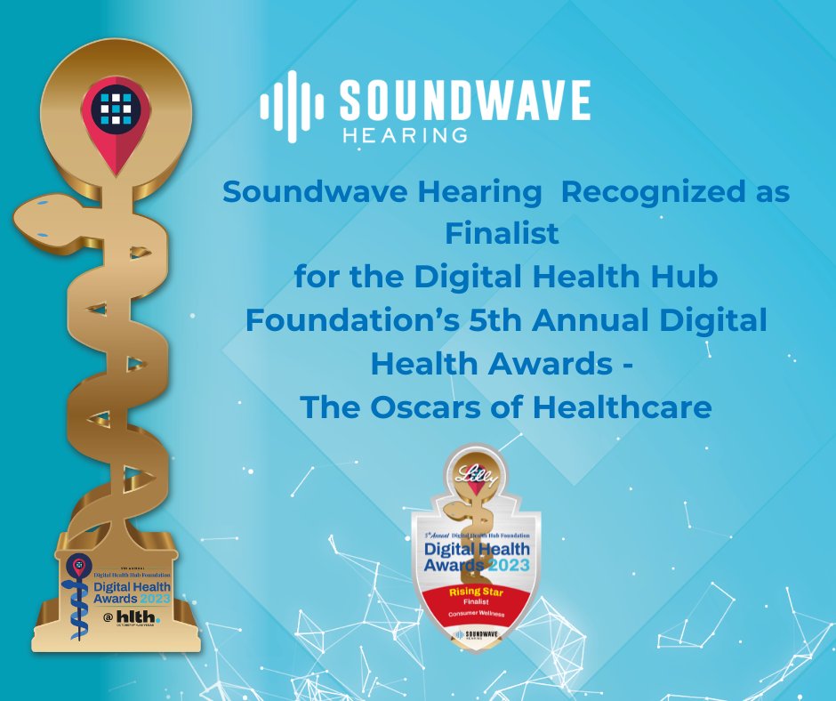 📢 Exciting News!  Soundwave Hearing is proud to share that we have been chosen as one of the finalists for @DigiHlthHubFdn Digital Health Awards 2023 in the Rising Stars - Consumer Wellness category! 
 #digitalhealthawards #hlth23 #healthcare #innovation  #HearingHealth