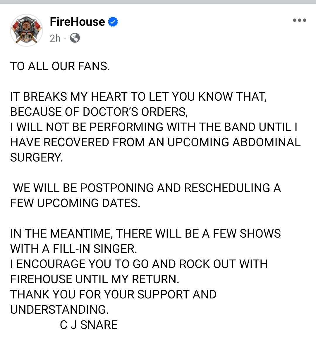 nerockfest's tweet image. From FireHouse.  After talking with the band, we decided the show must  go on  &amp;amp; agreed  with the band  to utilize a fill-in singer option.  No one  can replace CJ &amp;amp; can assure you that this  fill-in singer is going to do a damn fine job. From all of us  at NERF,get well soon CJ.