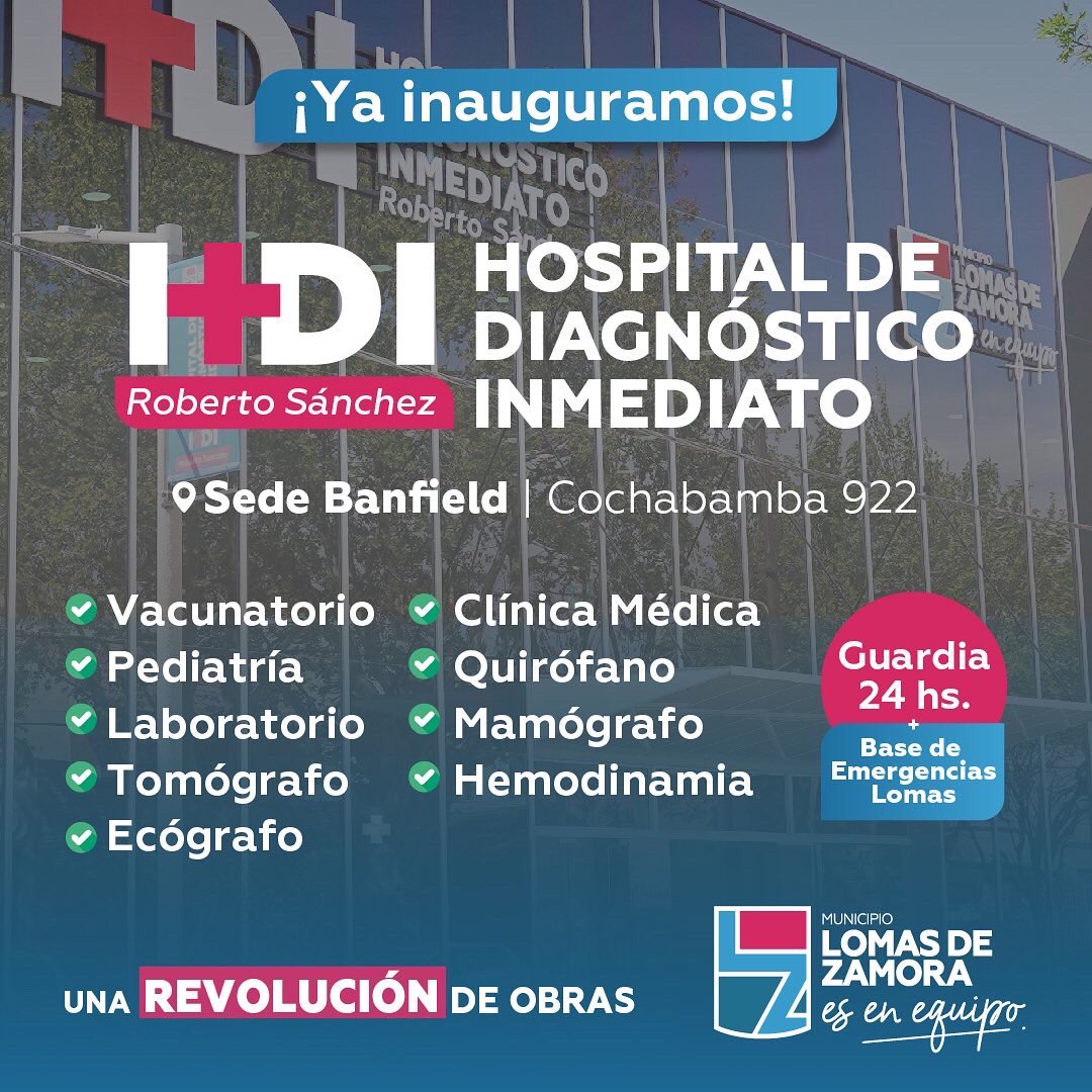 🏥❤️🙌🏻 El nuevo Hospital de Diagnóstico Inmediato Roberto Sánchez de Banfield que inauguramos hoy tiene equipamiento de primer nivel para cuidar la salud de nuestros vecinos y vecinas.

#LomasEsEnEquipo #UnaRevoluciónDeObras
<a href="/minsaurralde/">Martín Insaurralde</a> <a href="/fotermin/">Federico Otermín</a> <a href="/marinalesci/">Marina Lesci</a>