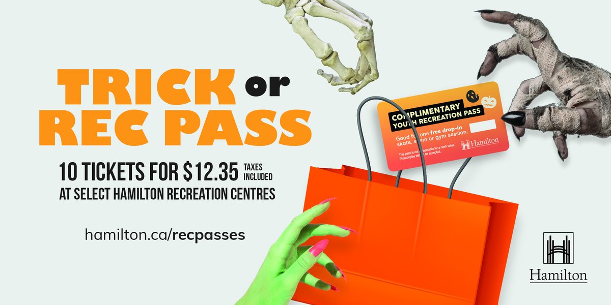 Trick or Rec Pass, swap traditional Halloween treats with swim, gym and skate pass booklets, available for purchase, at select #HamOnt Recreation Centres. Limited quantities available. For more information, visit hamilton.ca/recpasses