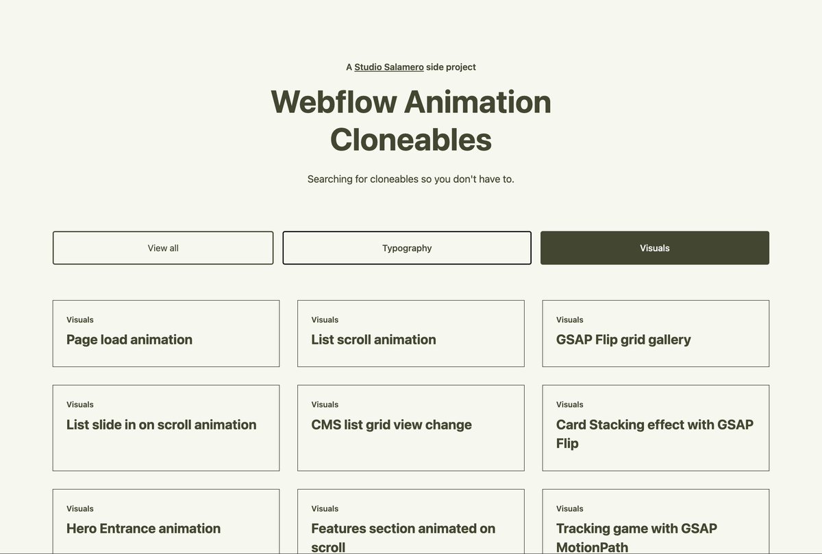 Jose Urbano | Design Partner (@joseurbano1) on Twitter photo Per <a href="/makermattevans/">Matthew Evans</a>' request, I created a Webflow site that hosts my database!
- Added <a href="/thatsfinsweet/">Finsweet (migrated to @finsweet)</a> filtering!
- Potential to create landing pages based on tech
Limitations:
- 50 items limit on free plan
- Plain design
- Not much data displayed
…bflow-animation-cloneables.webflow.io Per <a href="/makermattevans/">Matthew Evans</a>' request, I created a Webflow site that hosts my database!
- Added <a href="/thatsfinsweet/">Finsweet (migrated to @finsweet)</a> filtering!
- Potential to create landing pages based on tech
Limitations:
- 50 items limit on free plan
- Plain design
- Not much data displayed
…bflow-animation-cloneables.webflow.io