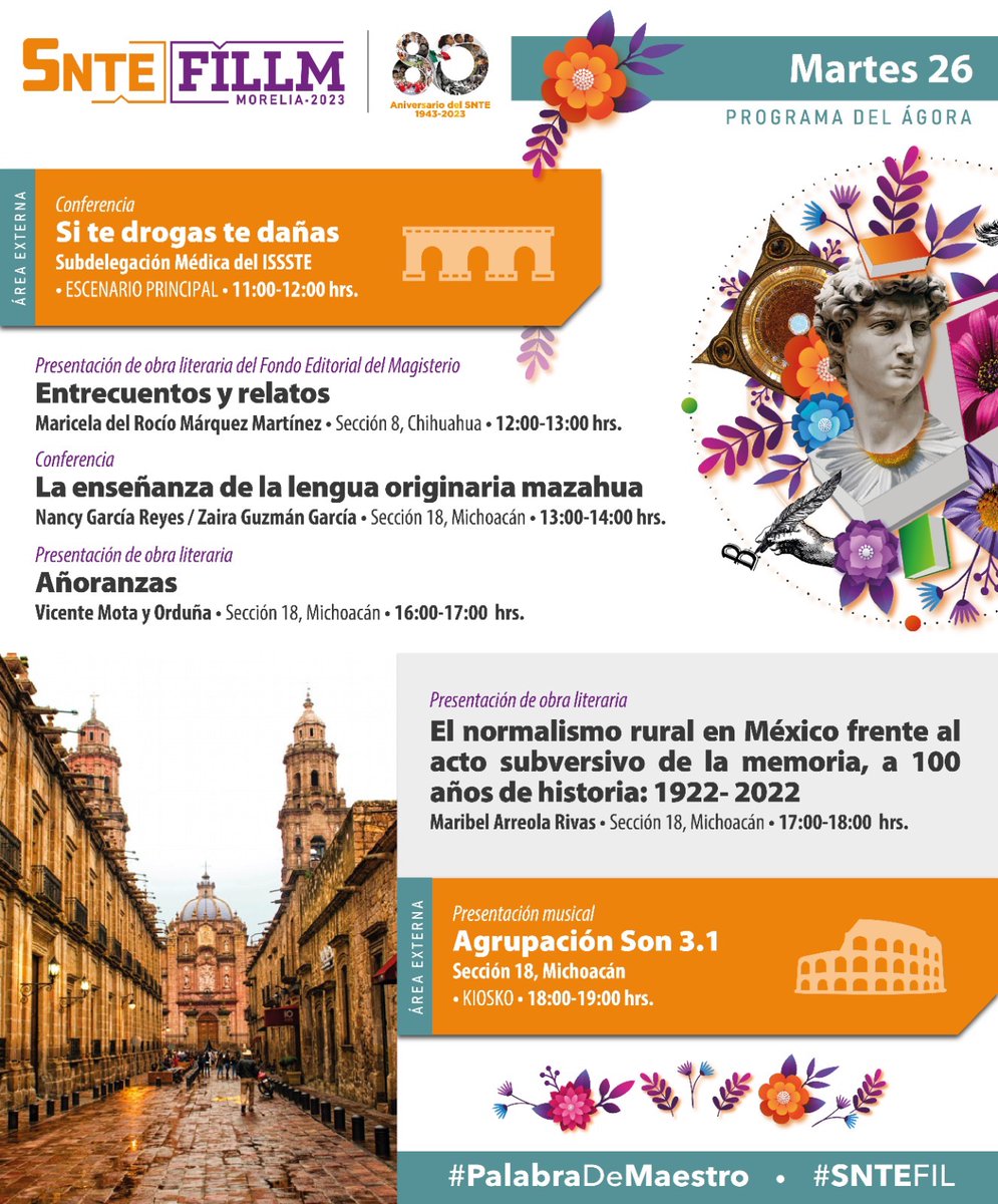 SECCION25SNTE1's tweet photo. π AGENDA #SnteFIL π
#FelizMartes #26deSeptiembre πHoy en el stand del magisterio se presentan una conferencia π£οΈ y tres obras literarias π imperdibles si asistes a la Feria Internacional del Libro y la Lectura Morelia 2023 #FILLM πͺΆ en la que el #SNTE π estΓ‘ #PreSNTE π https://t.co/eqz0EtnNe6