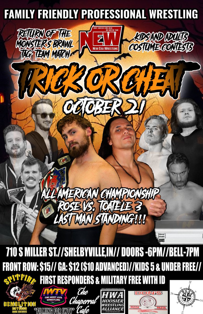 🚨BIGGEST SHOW OF THE YEAR🚨

New Era RETURNS to the Shelbyville Boys Club for #NEWTricks featuring the fan favorite Monsters Brawl tag team match, costume contests, & MORE!

featuring
@RealJacobRose
@anthonytoatele
@DC_Wrestles
@KingoftheArcade
@aanarchy121
@JeremyHadley20
+MORE