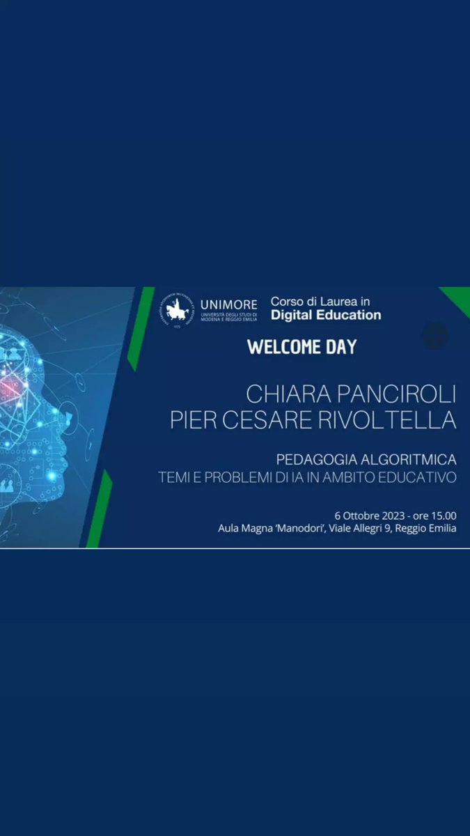 Il nuovo anno accademico del corso di laurea in Digital Education comincia con un attualissimo seminario di Chiara Panciroli e Pier Cesare Rivoltella sul ruolo dell'Intelligenza Artificiale nei contesti educativi. Dialogheranno con Stefano Moriggi.
Il seminario è aperto a tutti.