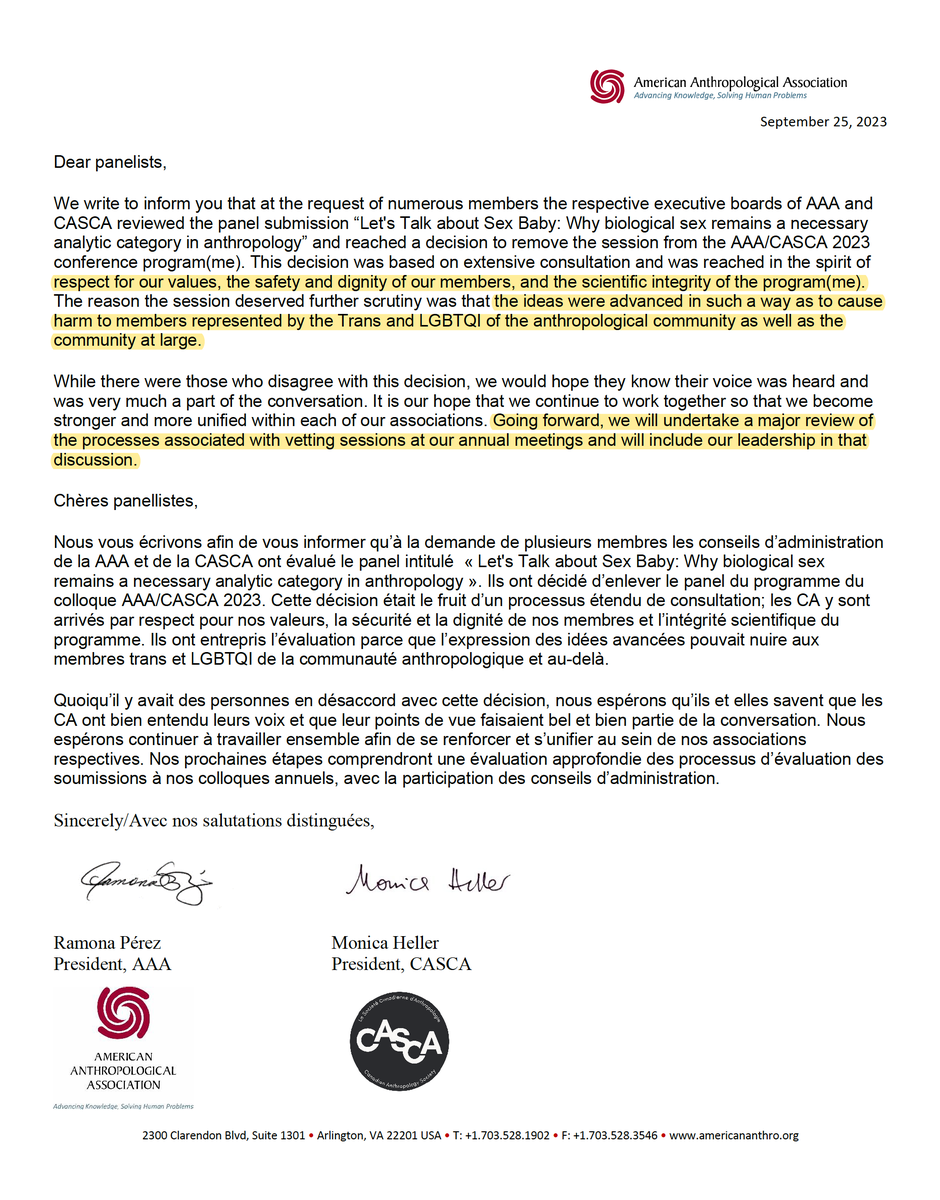 🚨BREAKING: The American Anthropological Association the Canadian Anthropology Society have cancelled the panel 'Let’s Talk About Sex, Baby: Why biological sex remains a necessary analytic category in anthropology' scheduled to take place at their annual conference.

The reasons