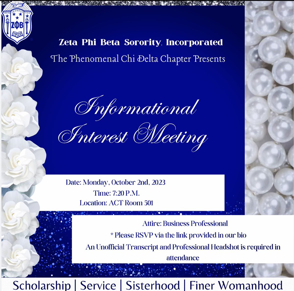 Are you interested in becoming a member of The Phenomenal Chi Delta Chapter of Zetas Phi Beta Sorority Incorporated? If you are please be sure to attend our Informational Interest Meeting Next Week! 💙🕊️